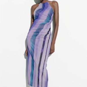 ZARA Ruched Printed Tulle MIDI Halter Dress - Purples